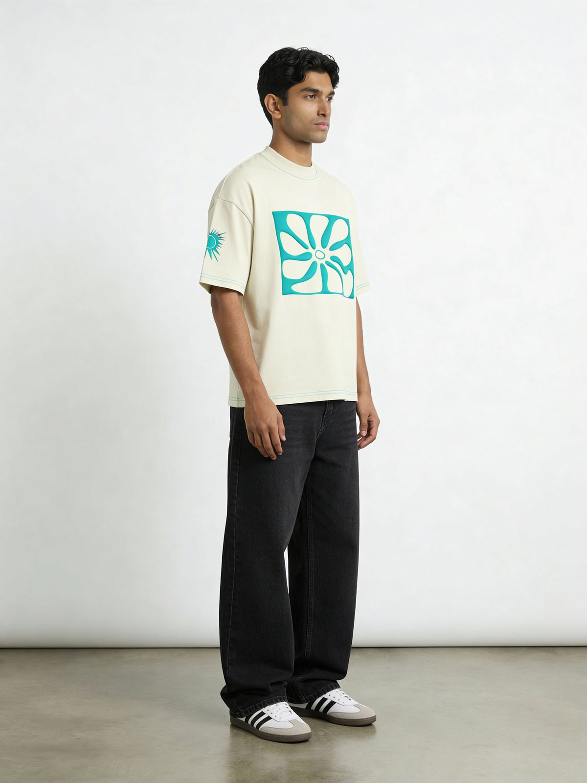 Grey Contrast Stitch Puff Print boxy Tee