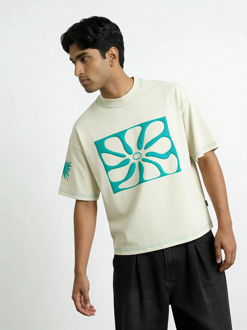 Grey Contrast Stitch Puff Print boxy Tee