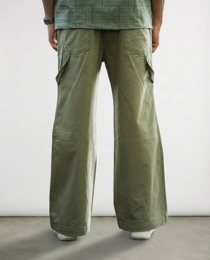 Green Twill Bellbottom Utility pants