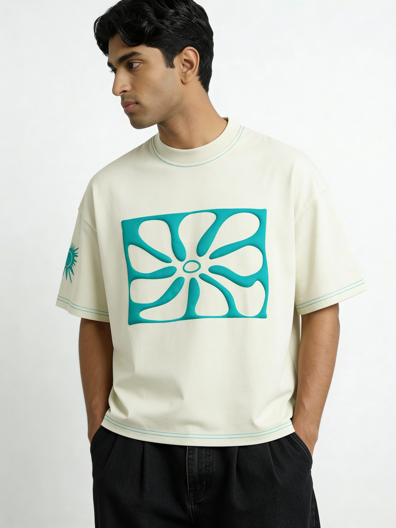 Grey Contrast Stitch Puff Print boxy Tee