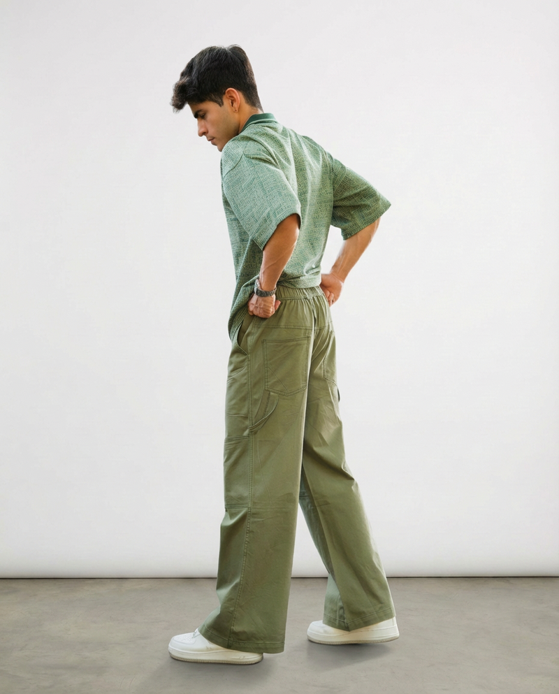Green Twill Bellbottom Utility pants